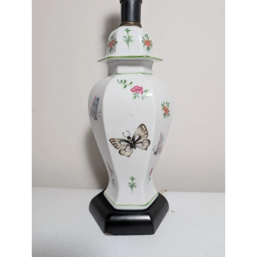 Vintage Porcelain Butterfly Floral Table Lamp White Hexagonal 12